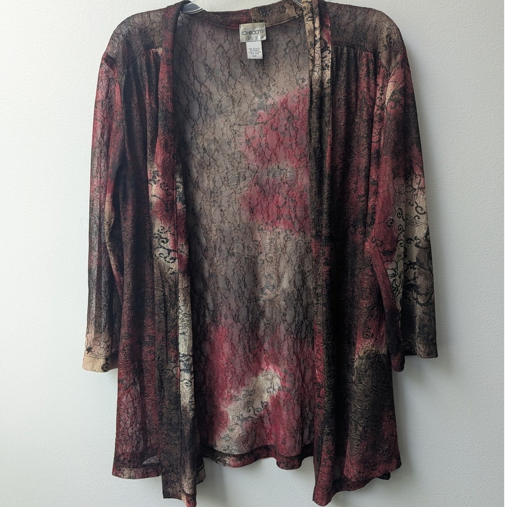 Chico's Long Sleeve Open Front Sheer Lace Top Burgundy Floral Damask Metallic M